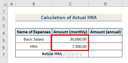 Actual HRA Calculation on Basic Salary in Excel