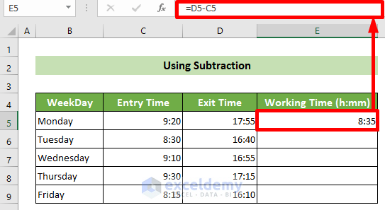 Use Subtraction Functionality to Calculate Time in Hours and Minutes in Excel