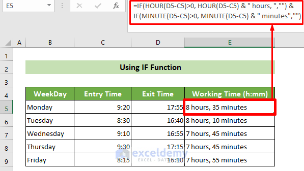 Using IF Function to Calculate Hours and Minutes in Excel