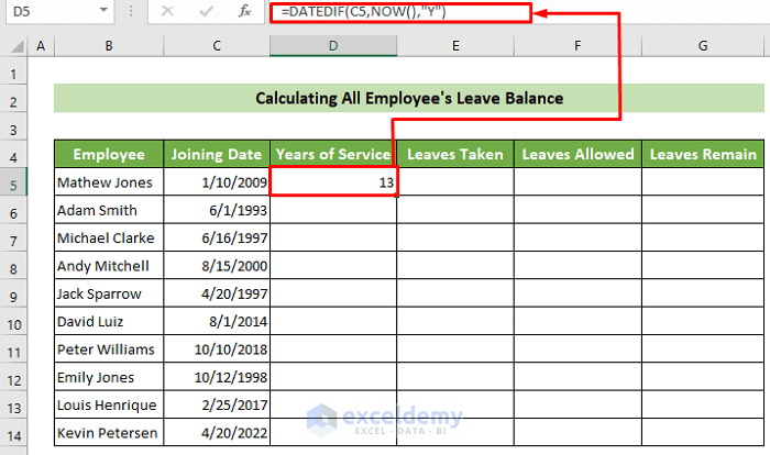 Use DATEDIF Function to Calculate the Years of Service
