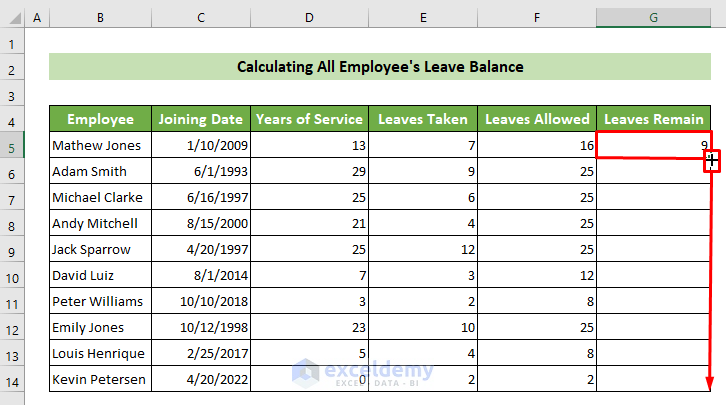 Use Fill Handle to Calculate All Employees' Leave Balance 