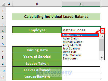 Choose an Employee to Calculate Leave Balance in Excel