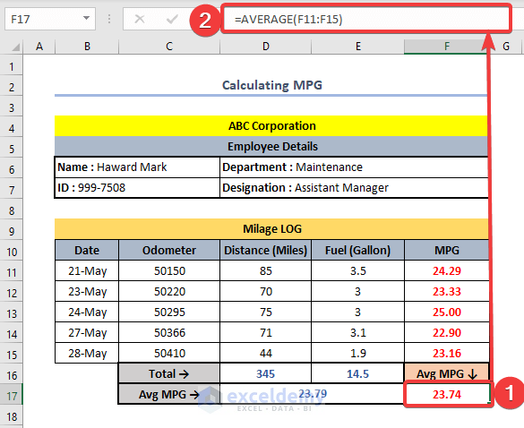 Calculate Average MPG using AVERAGE Function