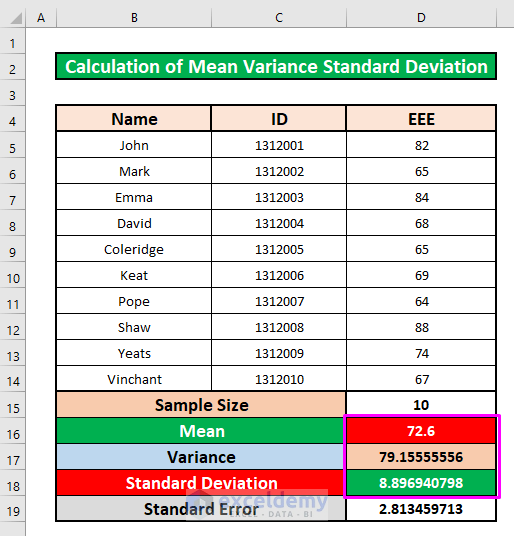 calculate mean variance and standard deviation in excel