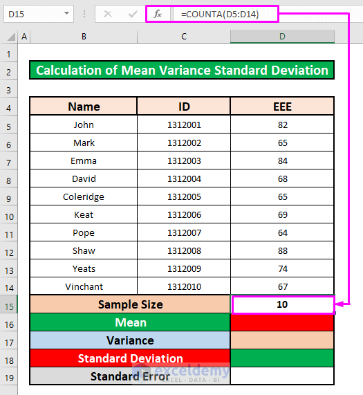 Calculate Mean and Variance in Excel