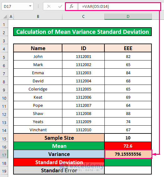 Calculate Mean and Variance in Excel