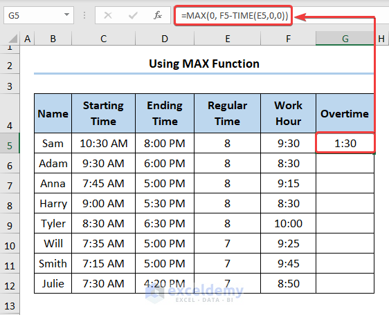 How to Calculate Overtime Percentage in Excel Using MAX and TIME Function