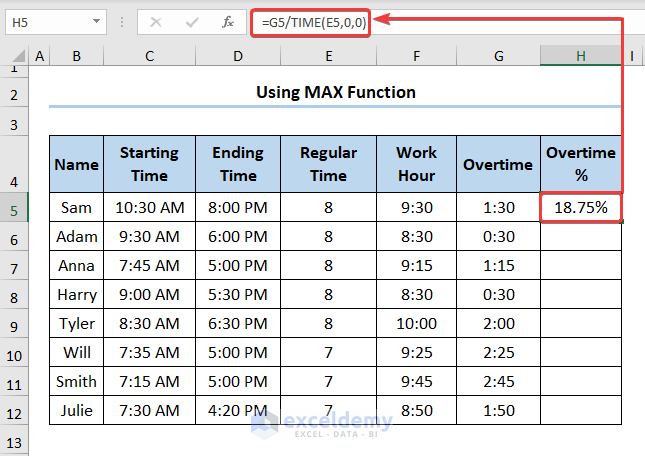 How to Calculate Overtime Percentage in Excel Using MAX and TIME Function