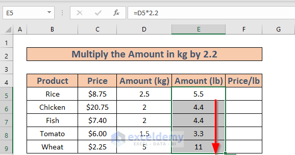 how to calculate price per pound in excel