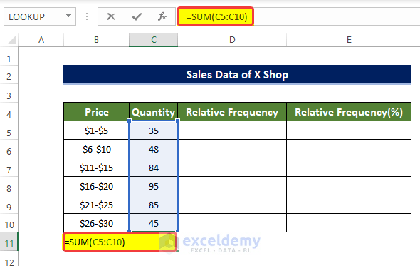 Using Conventional Formula to Calculate Relative Frequency Distribution in Excel