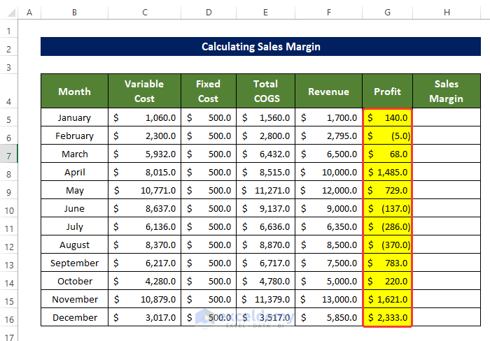Calculate Profit to Calculate Sales Margin in Excel 