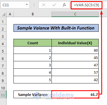 Calculating Sample Variance in Excel with Built-in Function