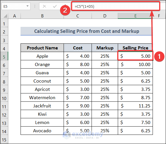 How to Calculate Selling Price in Excel from Cost and Markup