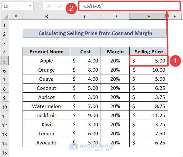 How to Calculate Selling Price in Excel from Cost and Margin