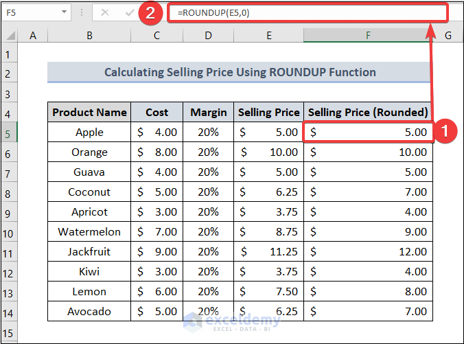 How to Calculate Selling Price in Excel using ROUNDUP Function