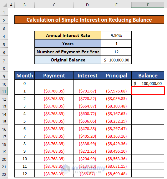 calculate simple interest on reducing balance in excel