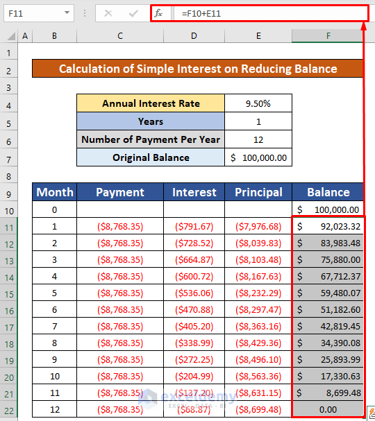 calculate simple interest on reducing balance in excel