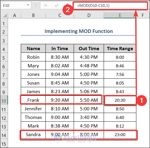 How to Calculate Time Range in Excel Using MOD Function