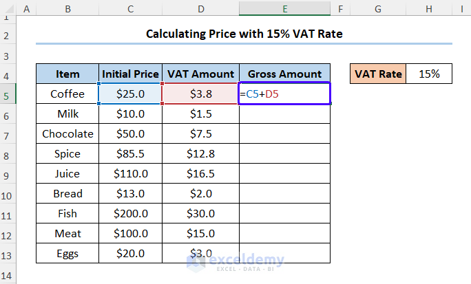 How to Calculate VAT 15 in Excel Final Price with 15% VAT 