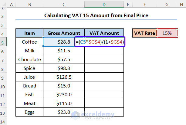 How to Calculate VAT 15 in Excel 15% VAT from Final Price