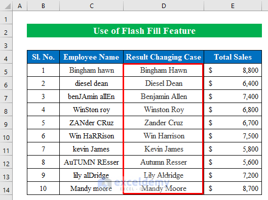 Apply Flash Fill Feature to Change Case in Excel Sheet