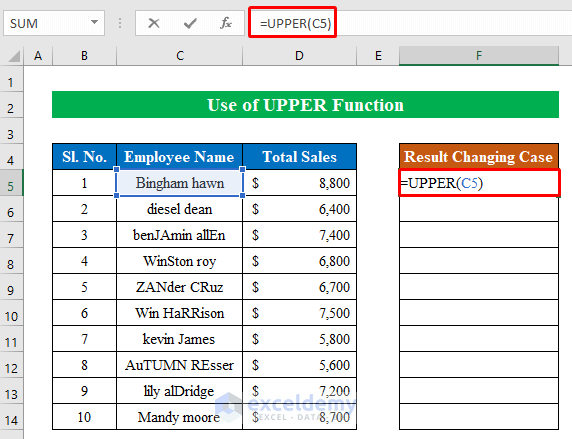 Use UPPER Function to Change Case in Excel Sheet