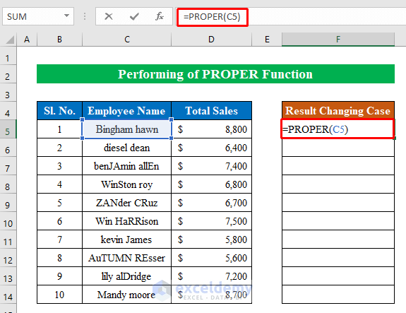 Perform PROPER Function to Change Case in Excel Sheet
