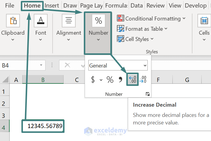 Using Increase Decimal and Decrease Decimal Buttons to Change Decimal Places in Excel