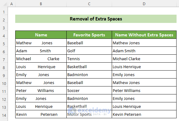 Removed Extra Spaces to Clean Up Raw Data in Excel