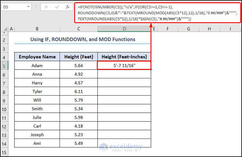 Using IF, ROUNDDOWN, and MOD Functions