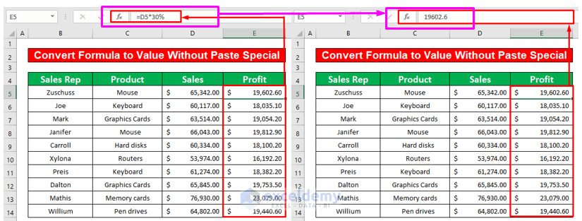 excel convert formula to value without paste special