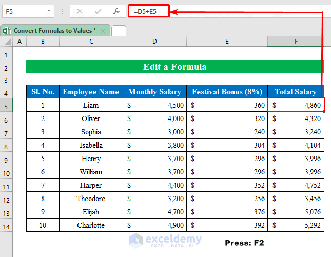 Edit a Formula to Convert Formulas to Values in Excel