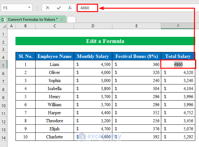 Edit a Formula to Convert Formulas to Values in Excel