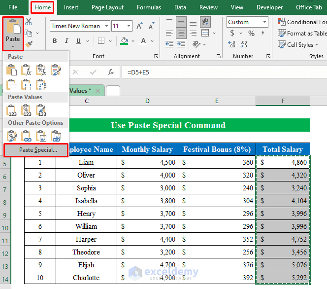  Use Paste Special Command to Convert Formulas to Values