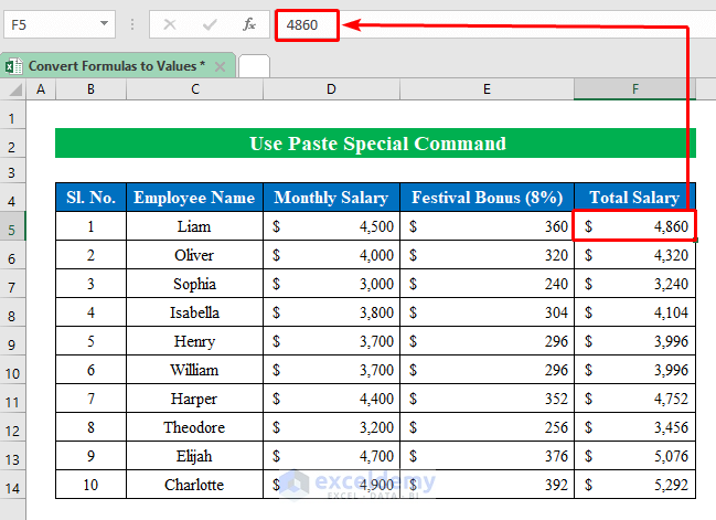  Use Paste Special Command to Convert Formulas to Values