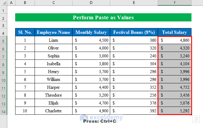 Perform Paste as Values Option to Convert Formulas to Values