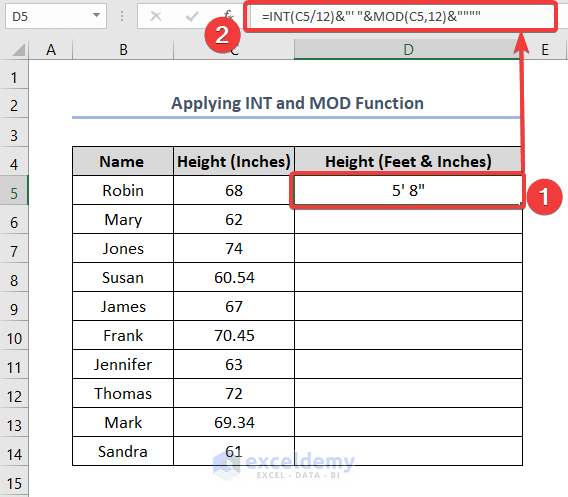 Convert Inches to Feet and Inches in Excel