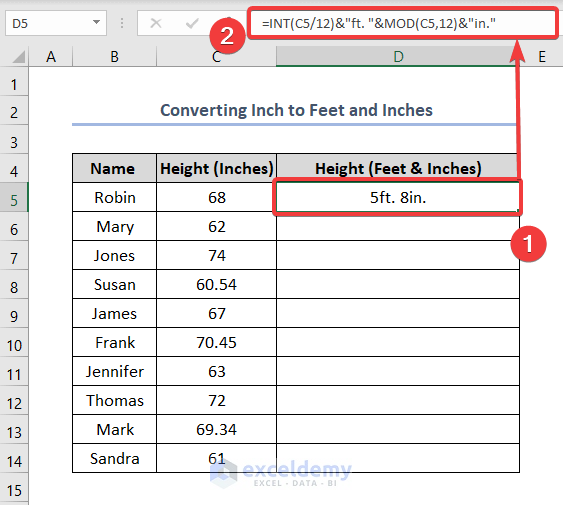 Convert Inches to Feet and Inches in Excel