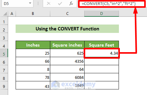 Use the CONVERT Function to Convert Inches to Square Feet Values