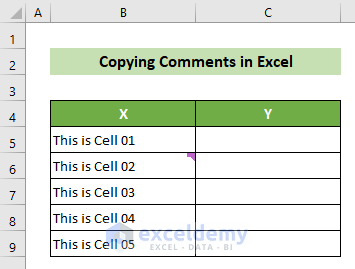 Copy Comments in Excel Sample Dataset