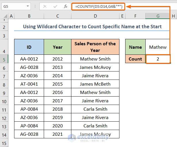 How to Count Specific Names in Excel Using Wildcard Character