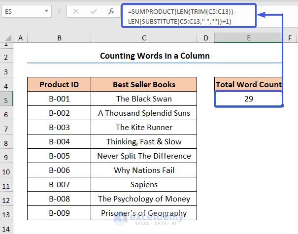 How to Count Words in Excel Column Using SUMPRODUCT Function