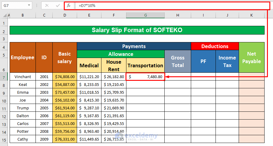 Make Salary Slip Format in Excel Sheet to Calculate Gross Total