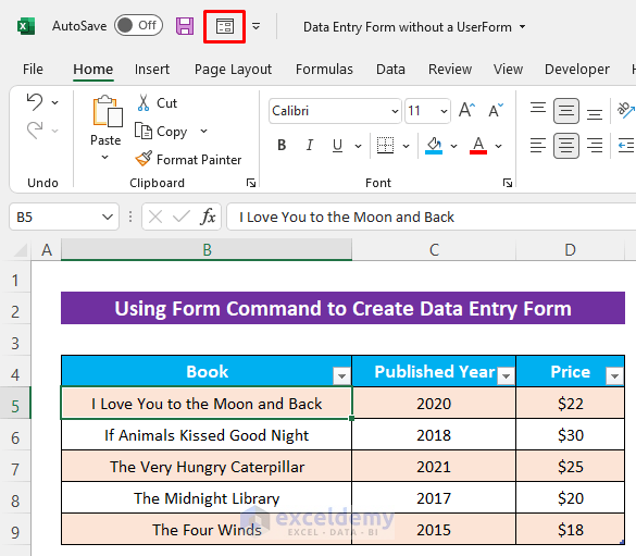 Using Form Command to Create an Excel Data Entry Form without a UserForm