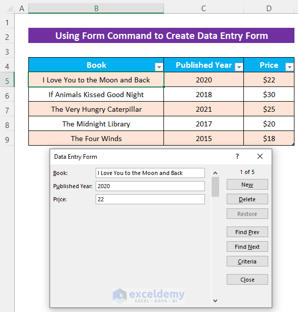 Using Form Command to Create an Excel Data Entry Form without a UserForm