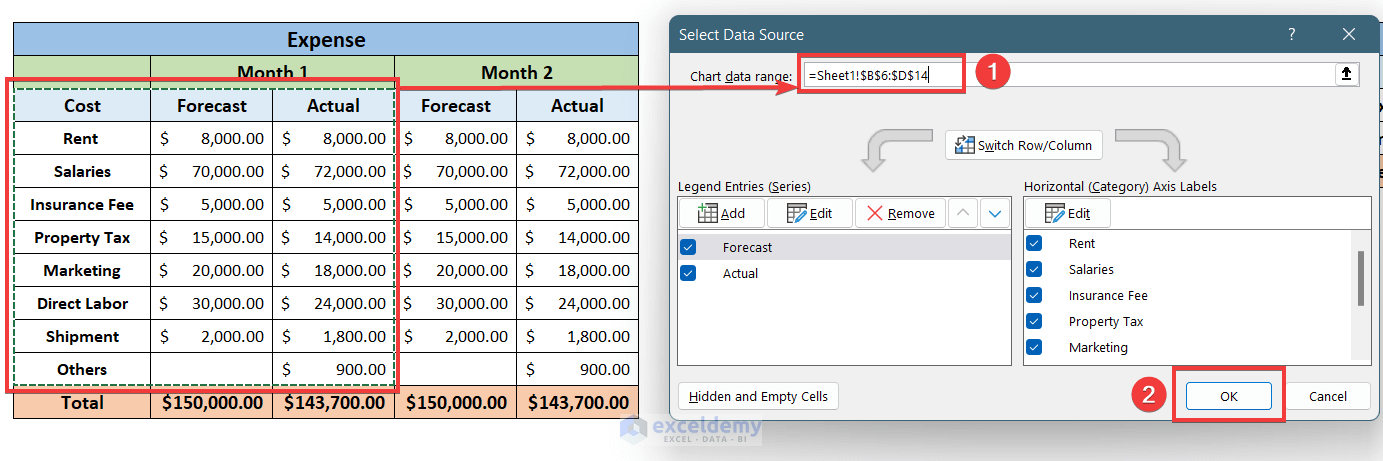 Select Data source to Create Column Chart 