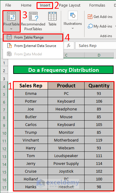 Create a Pivot Table to Do a Frequency Distribution on Excel
