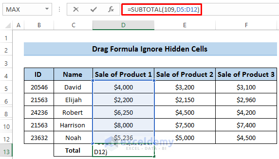 Drag Formula Ignore Hidden Cells in Excel 