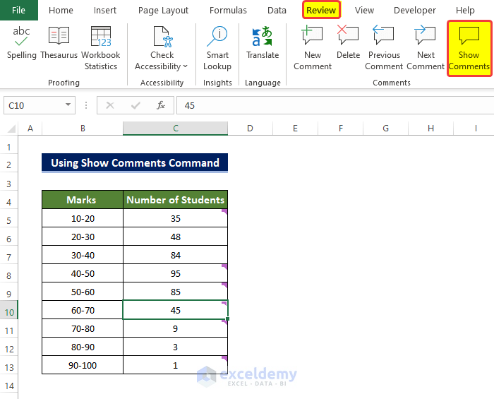 Using Show Comments Command from Comments Group to Find Comments in Excel