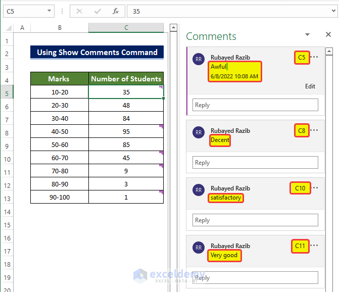 Using Show Comments Command from Comments Group to Find Comments in Excel